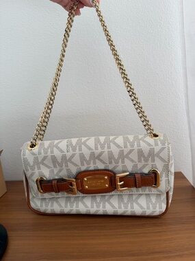 Michael Kors Hamilton Cream Logo Shoulder Bag with Brown Trim and Gold Chainlink